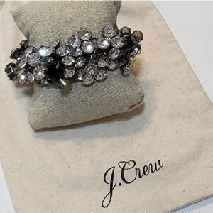 J. Crew Black and Clear Crystal Cluster Statement Bracelet Antiqued Silver Tone